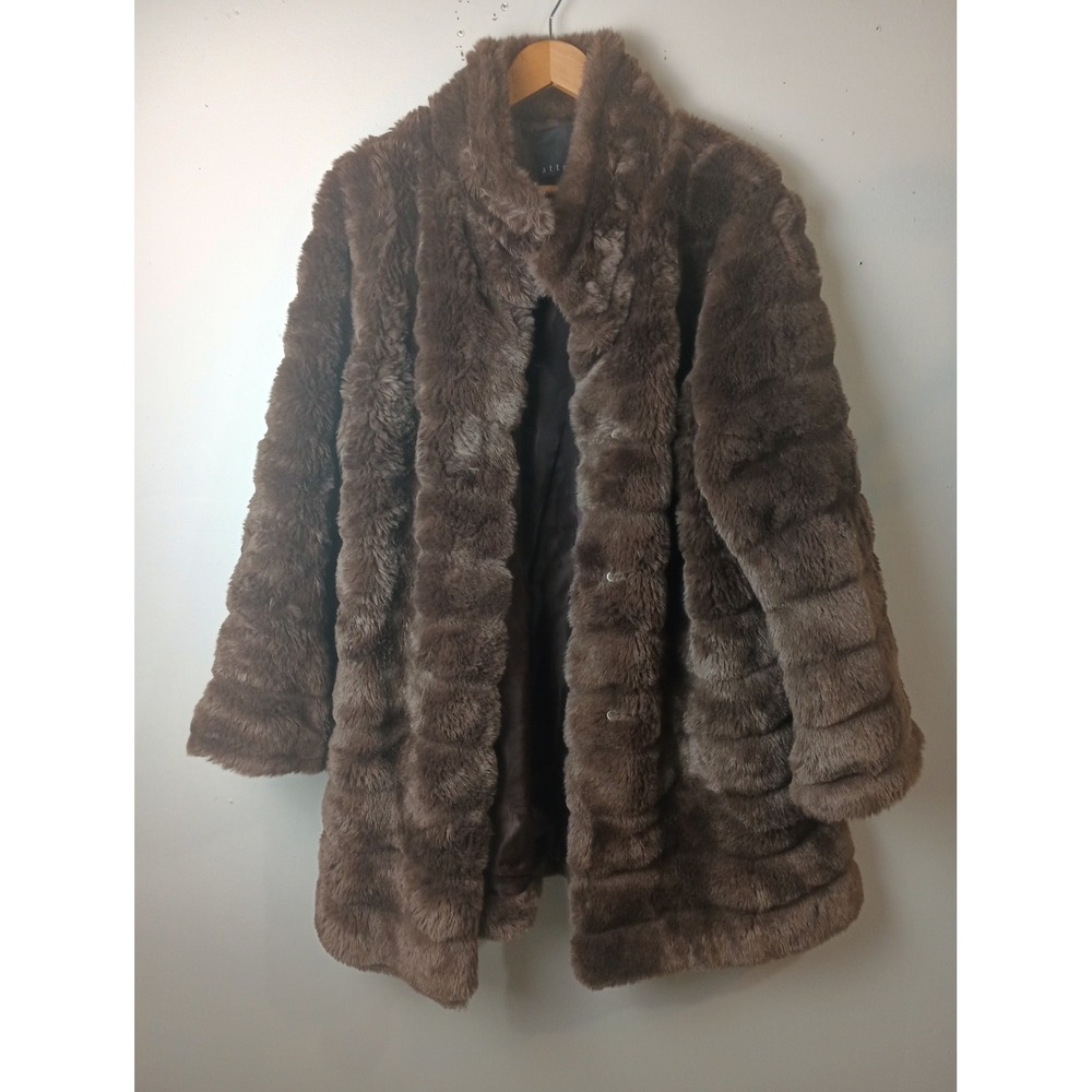 Attention Womens Faux Fur Coat Brown Tiered Vintage Style XL RN 94615